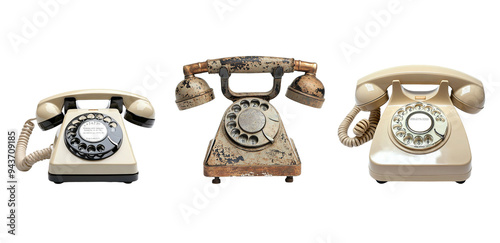 Three vintage rotary dial telephones in different states of wear and tear.