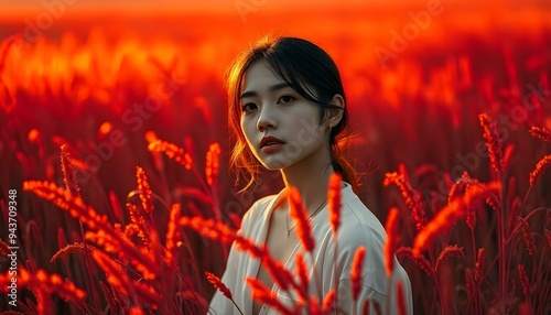 Candid image, photography, natural textures, highly realistic light, editorial, Cinematic still image glowing portrait in a surreal world with shining red grass, minimal soft studio light photography,