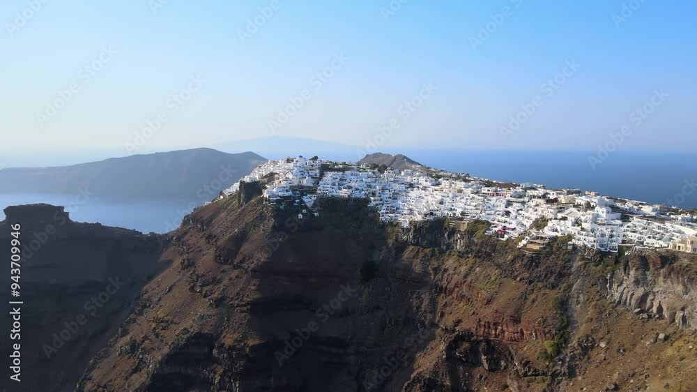 Flight around of Three Blue Domes church in Fira town - Santorini island, Greece Flight around of Three Blue Domes church in Fira town - Santorini island, Greece