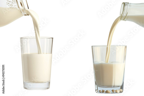 Two glasses of milk being poured from jugs. Transparent background