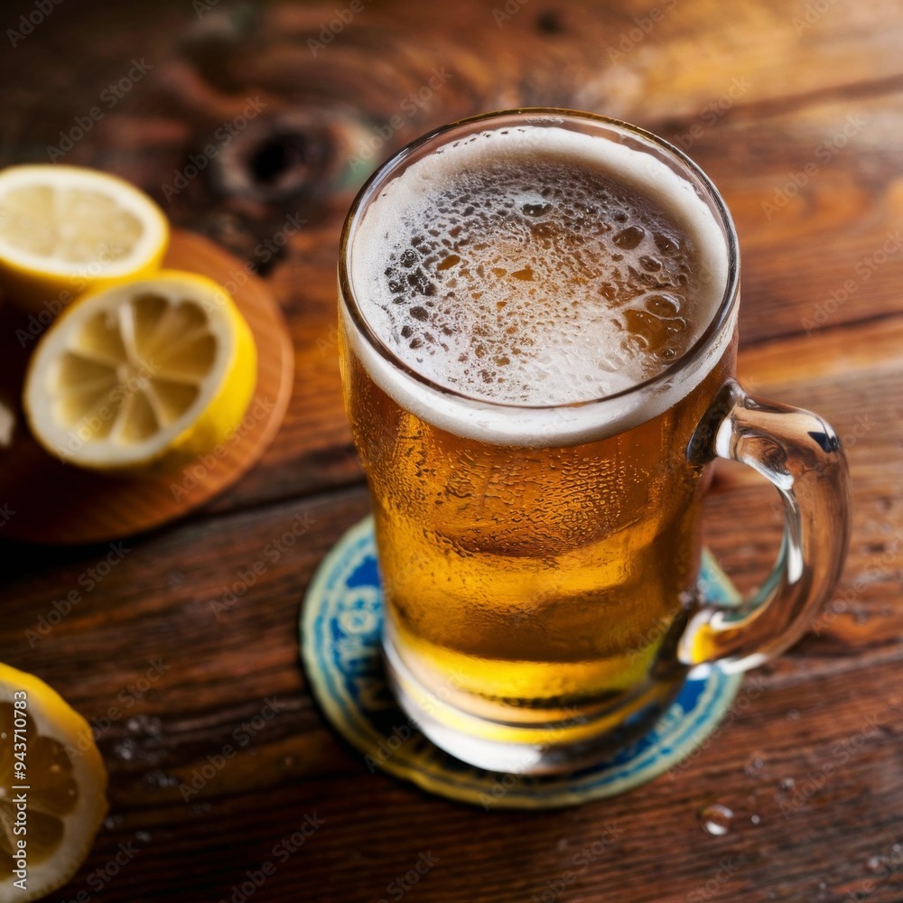 mug of beer on wooden table with lemon mug of beer on wooden table with lemon