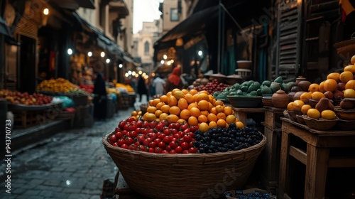 Vibrant market scene featuring colorful fruit displays in a quaint street, capturing the essence of local culture and commerce.