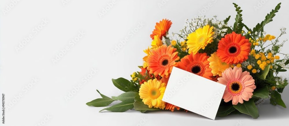 Fototapeta premium Bouquet featuring gerbera and buttercups with a card flowers card. with copy space image. Place for adding text or design