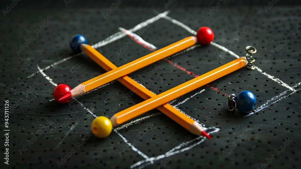 Tic-tac-toe made of pencils, push pins and paper clips. Tic-tac-toe made of pencils, push pins and paper clips.
