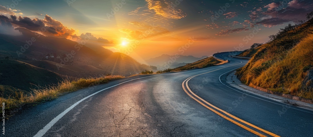 Naklejka premium Asphalt highway with an empty curved road featuring clouds and the sky at sunset. with copy space image. Place for adding text or design