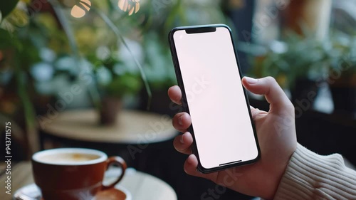 Pov hand holding smartphone with empty white screen at a coffee shop