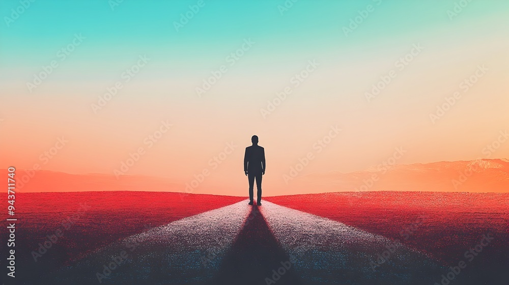 Silhouette of a lone person standing at a crossroads with two divergent paths ahead representing a decision choice or opportunity for personal or professional growth