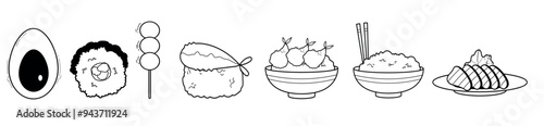  Set japanese food art outlines japanese food, Food collection in Black and White, Vector illustration.