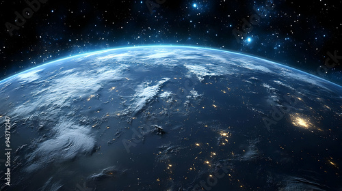 A panoramic view of the earth from space, showcasing a vibrant blue planet with wispy white clouds against a backdrop of twinkling stars.