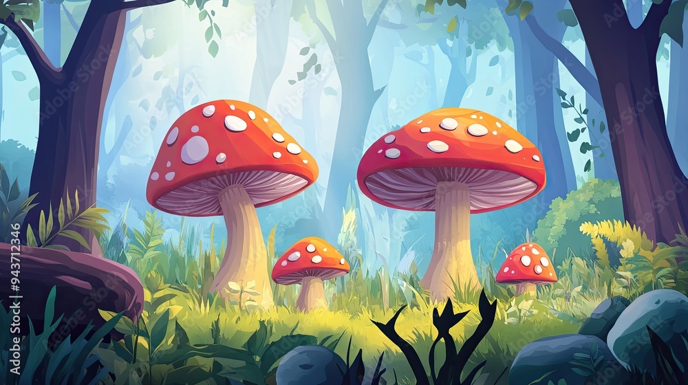 Fototapeta premium Cartoon mushroom forest background. cartoon nature background