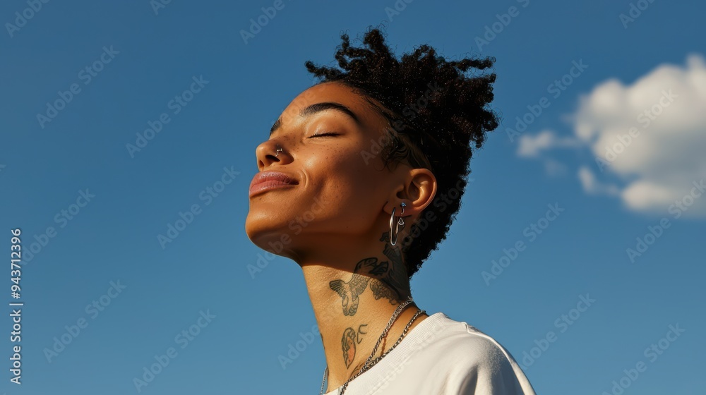 Smiling with eyes closed, subject exudes sense of peace and contentment against clear blue sky. Smiling with eyes closed, subject exudes sense of peace and contentment against clear blue sky.