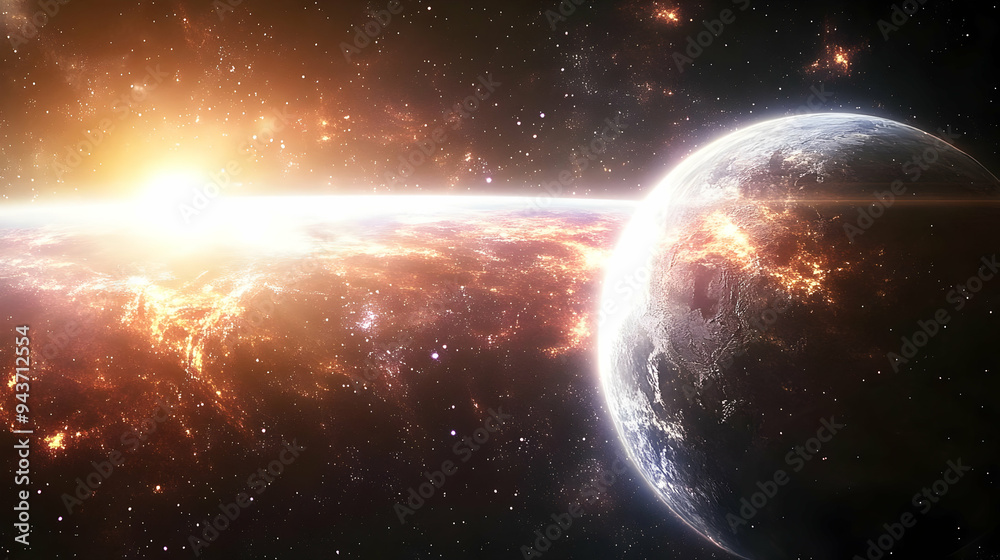 Obraz premium A planet bathed in the light of a distant sun, with a fiery, glowing atmosphere.