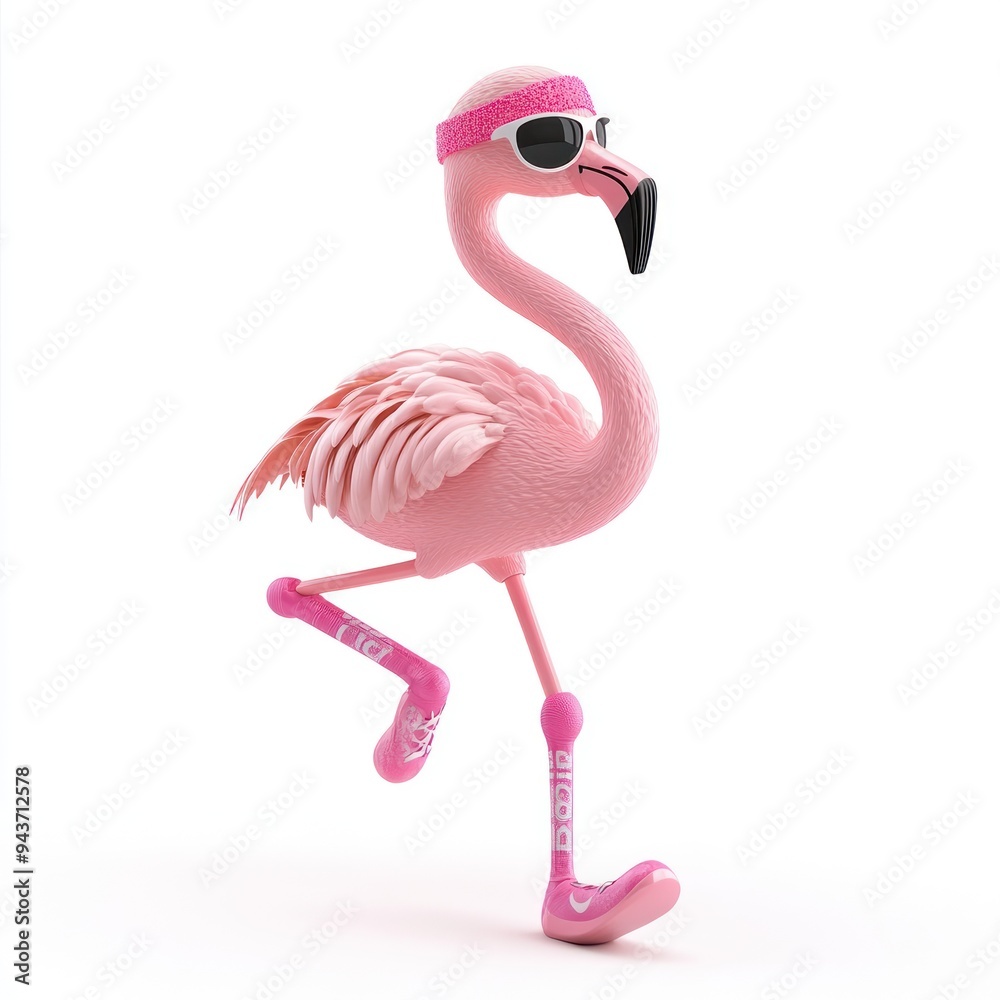 Fototapeta premium A playful pink flamingo wearing sunglasses and a headband, striking a fun running pose.