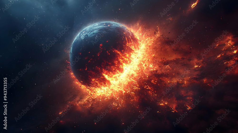 A planet explodes in a fiery cosmic spectacle, leaving behind a trail of debris. A planet explodes in a fiery cosmic spectacle, leaving behind a trail of debris.