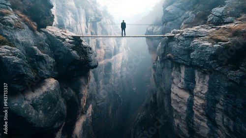 A person standing on a narrow suspended bridge crossing over a deep dramatic chasm in a natural scenic landscape symbolizing the concept of risk challenge