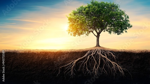 Thriving tree with its roots reaching deep into the ground and branches stretching towards the sky symbolizing growth evolution and the cycle of life