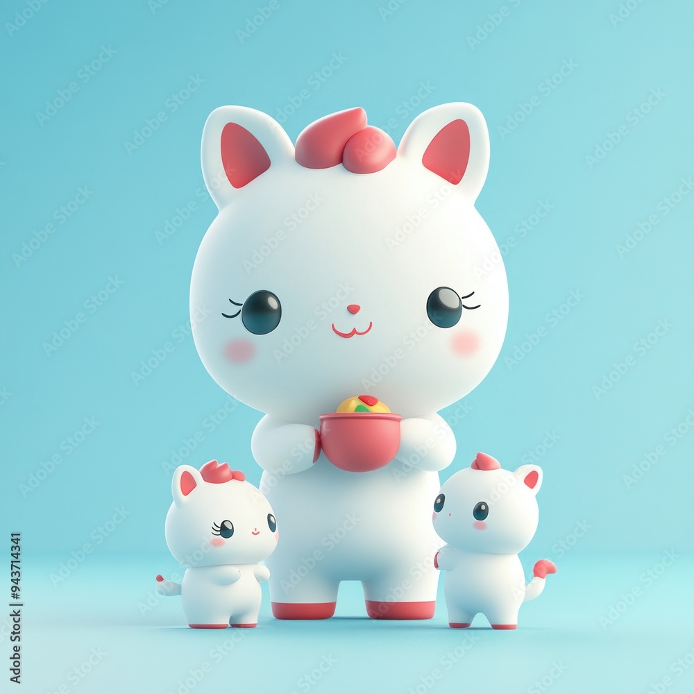 Cute cartoon characters resembling cats, with one larger character holding a bowl. Cute cartoon characters resembling cats, with one larger character holding a bowl.