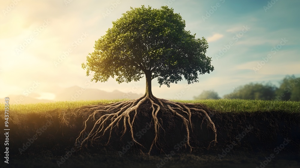 Tree Roots Transition Minimalist image of a tree with roots extending deep into the earth and ...
