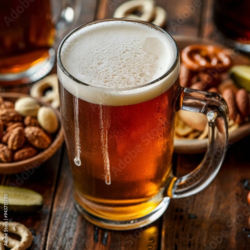 mug of beer on wooden table with snacks