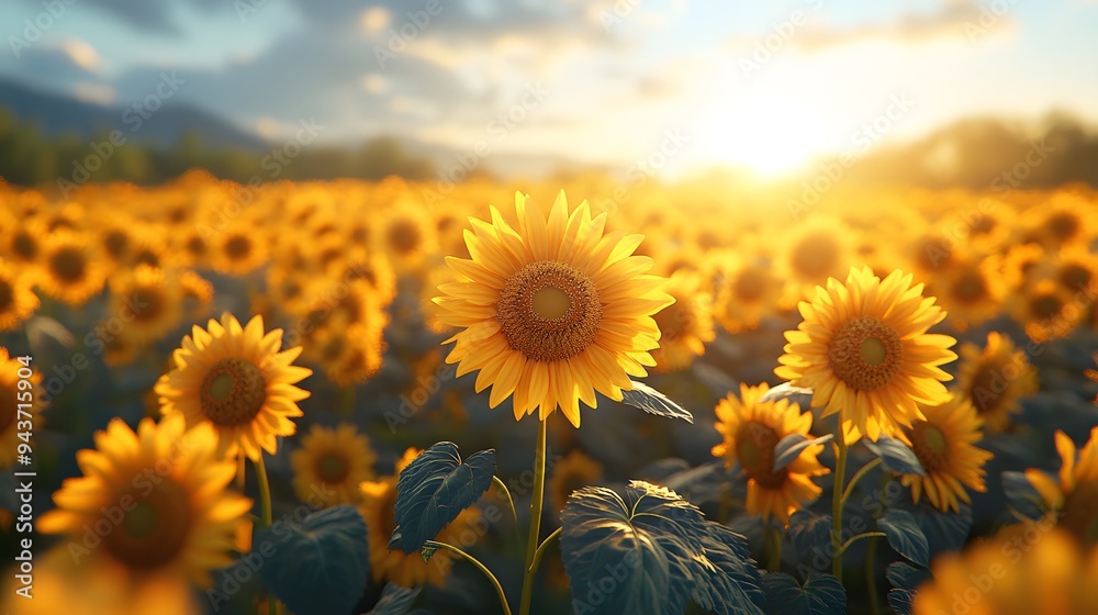 Fototapeta premium Radiant 3D summer scene featuring a field of sunflowers under a clear blue sky.
