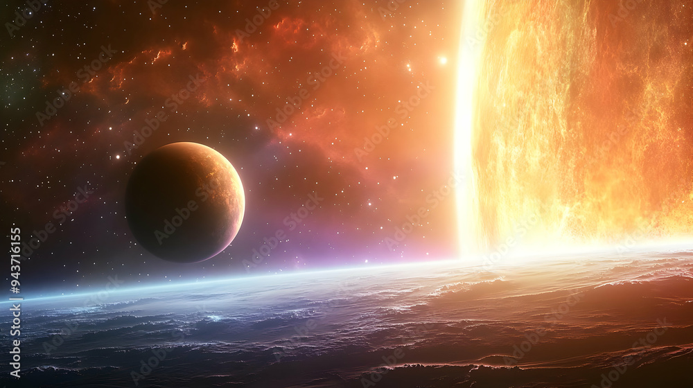 Obraz premium A planet in the foreground of an erupting star, surrounded by nebula and a vast field of stars.
