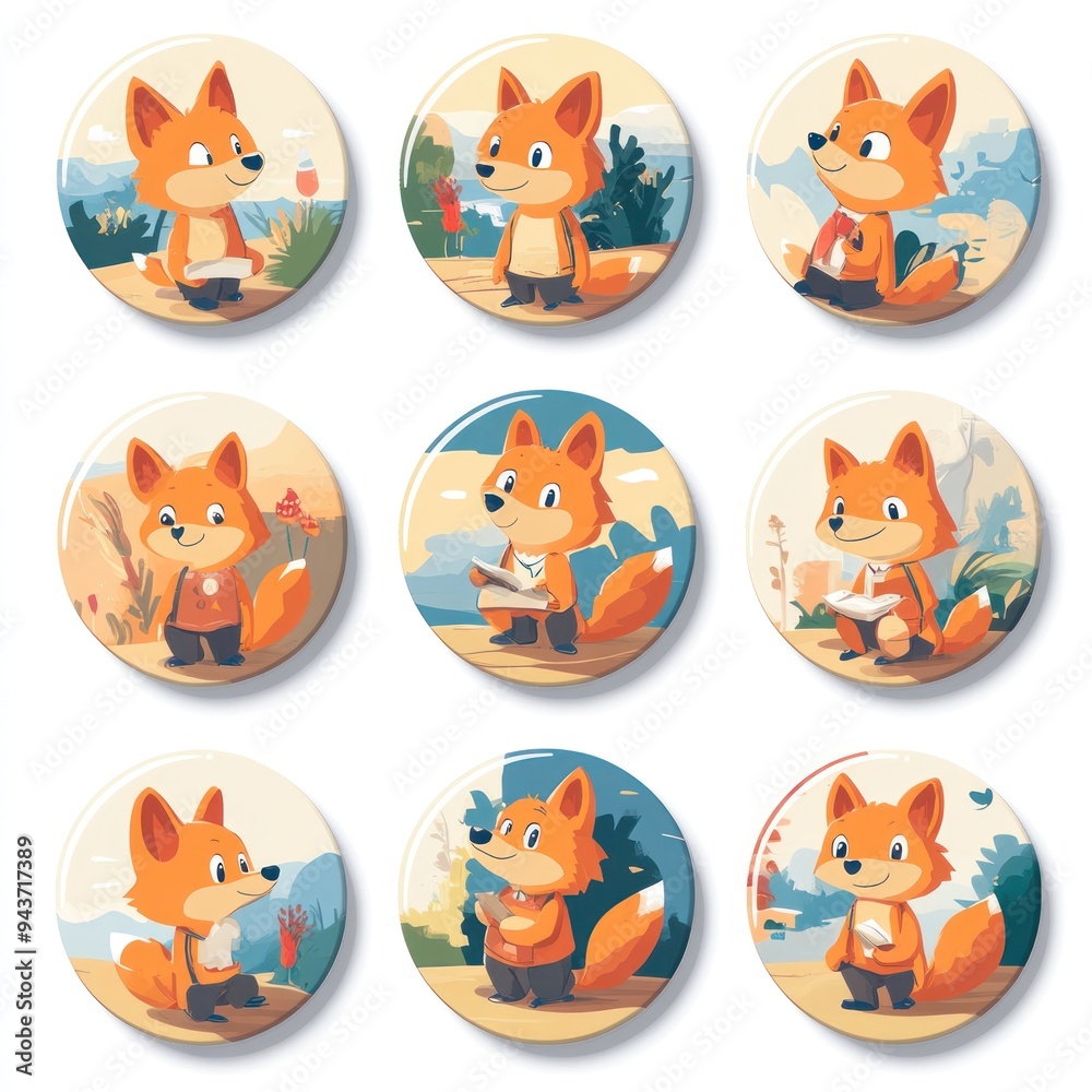Obraz premium A collection of cute fox illustrations in various poses and settings.
