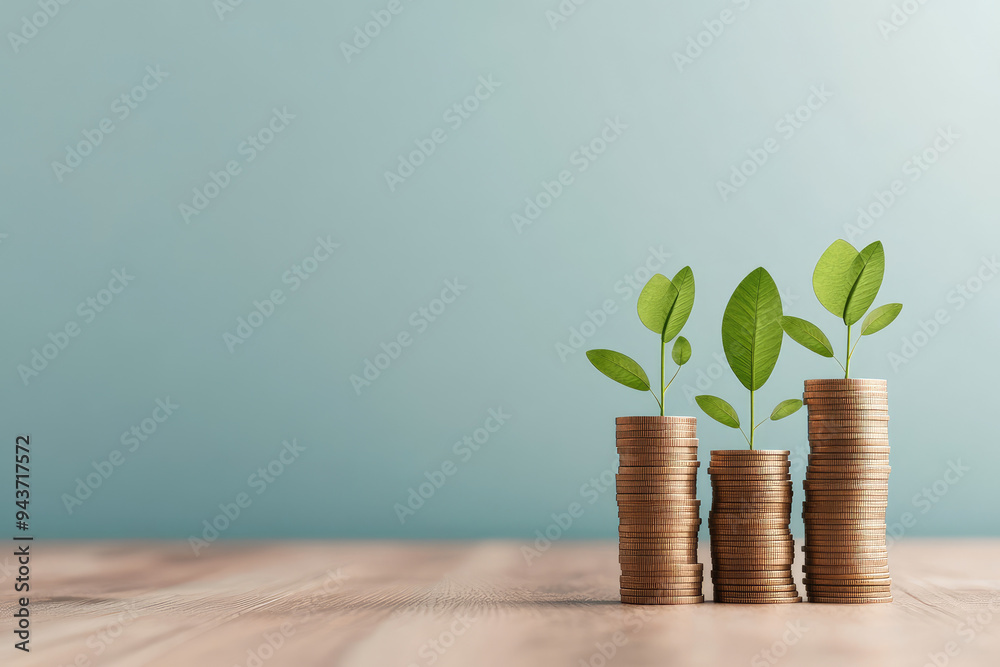 Growth of wealth, stacks of coins symbolize financial growth, emerging green plants represent investment potential and sustainable prosperity in a serene setting Growth of wealth, stacks of coins symbolize financial growth, emerging green plants represent investment potential and sustainable prosperity in a serene setting