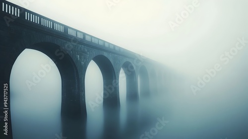 A serene landscape showing a bridge fading into the misty mysterious unknown with ample copy space for text overlay This image symbolizes the idea of the unseen the concealed