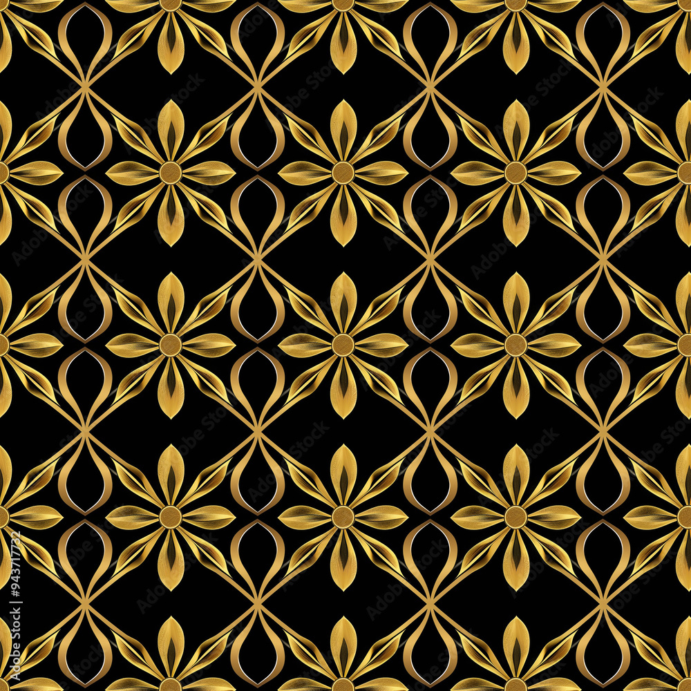 Fototapeta premium A repeating pattern of gold floral motifs on a black background. AI generation.