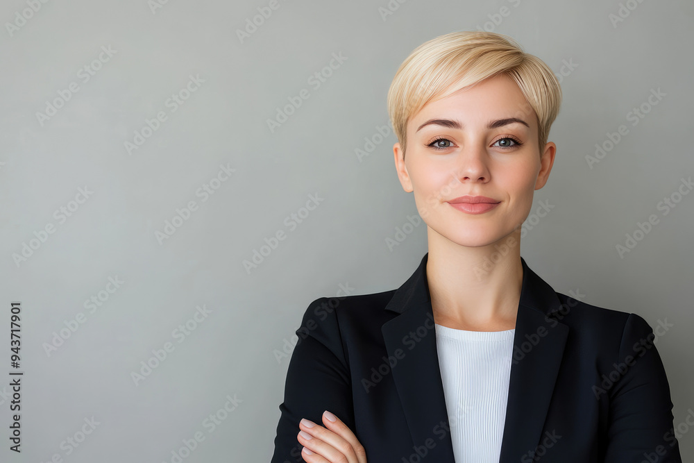 Confident professional, a poised young woman in a sleek black blazer exuding strength and determination against a soft gray backdrop, prepared for challenges ahead Confident professional, a poised young woman in a sleek black blazer exuding strength and determination against a soft gray backdrop, prepared for challenges ahead