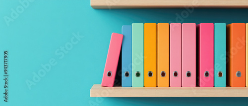 Colorful binders neatly arranged on a wooden shelf against a vibrant turquoise wall, creating an organized and cheerful workspace atmosphere. photo