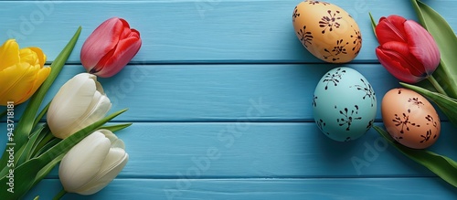 Easter eggs beside tulips o...
