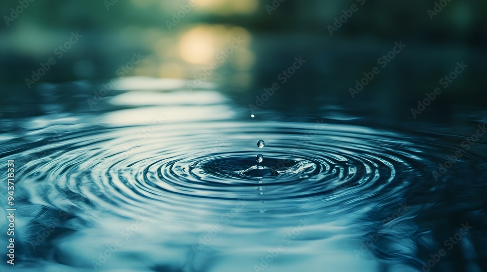 A single droplet creates a series of concentric ripples on the calm reflective surface of a pond symbolizing the impact and influence of a small action or event with ample copy space for text overlay A single droplet creates a series of concentric ripples on the calm reflective surface of a pond symbolizing the impact and influence of a small action or event with ample copy space for text overlay