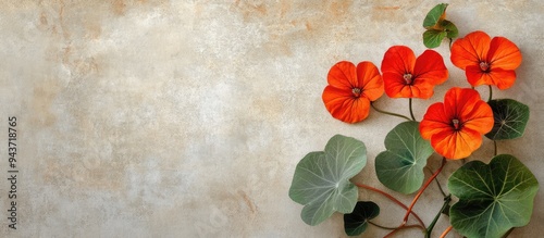 Square fashionable aged textured paper background featuring Tropaeolum majus the garden nasturtium. with copy space image. Place for adding text or design