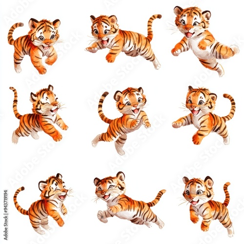 A collection of playful cartoon tigers in various poses.