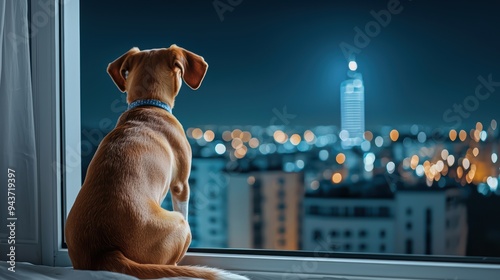 A dog gazes out window at city skyline, reflecting sense of curiosity and wonder. night lights create serene atmosphere. 