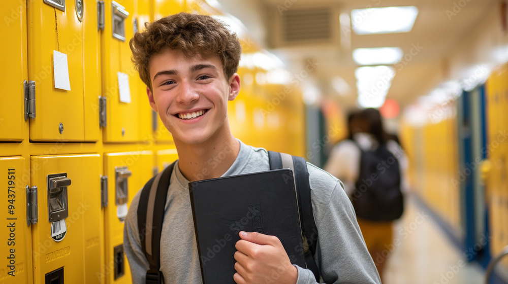 a smiling high school student boy standing in front of a row of yellow lockers holding a book in a school hallway. a smiling high school student boy standing in front of a row of yellow lockers holding a book in a school hallway.