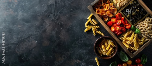 Assorted pasta in a wooden ...