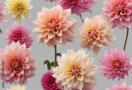 Collection of six beautiful dahlia flowers isolated on transparent background