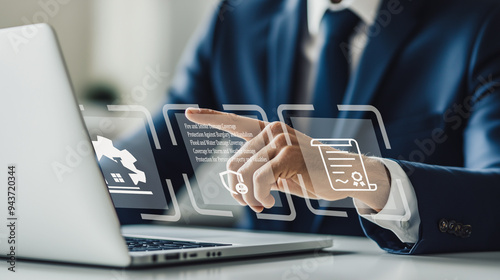 Business professional analyzing home insurance options on a digital interface, highlighting strategic decision-making in property protection and risk management.