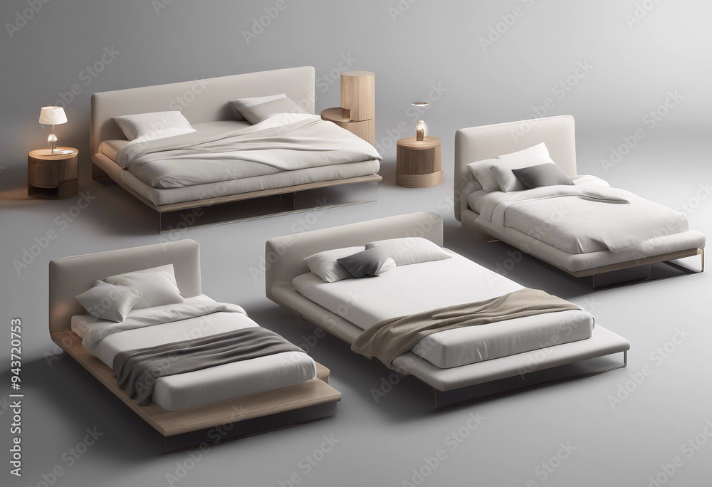 Collection set of six modern minimalist double beds isolated on transparent background Collection set of six modern minimalist double beds isolated on transparent background