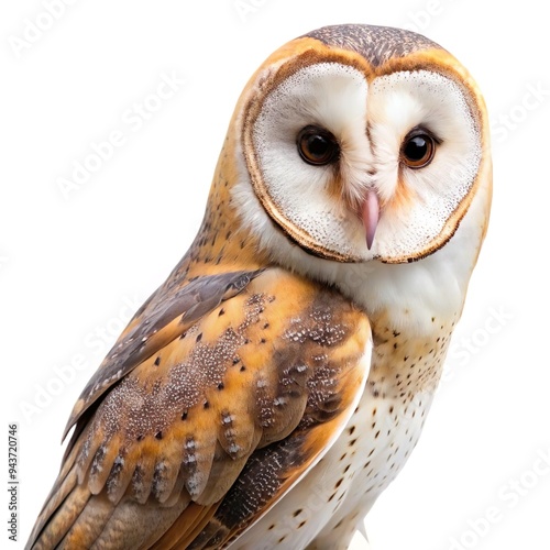 full body portrait of barn owl standing upright, isolated on white background