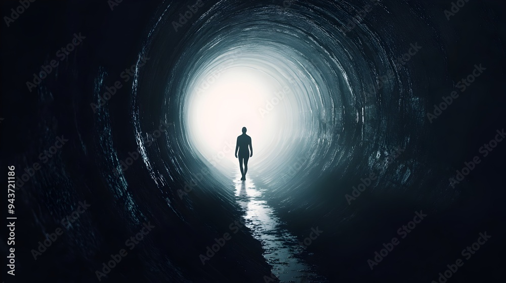 A lone silhouette of a person walking through a dark mysterious tunnel moving towards the bright light at the end symbolizing the journey of hope opportunity and personal transformation A lone silhouette of a person walking through a dark mysterious tunnel moving towards the bright light at the end symbolizing the journey of hope opportunity and personal transformation