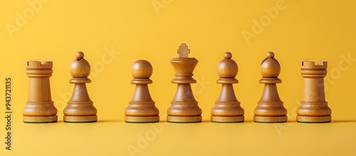 Wooden chess pieces arranged in a row against a yellow backdrop. with copy space image. Place for adding text or design photo