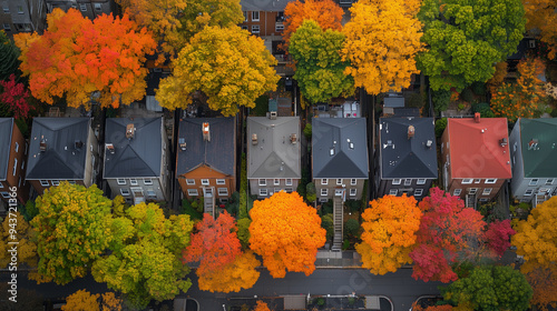 Aerial view of vibrant autumn trees with red, orange, and yellow leaves lining residential streets, juxtaposed against rows of urban houses, illustrating the coexistence of city life and nature. photo