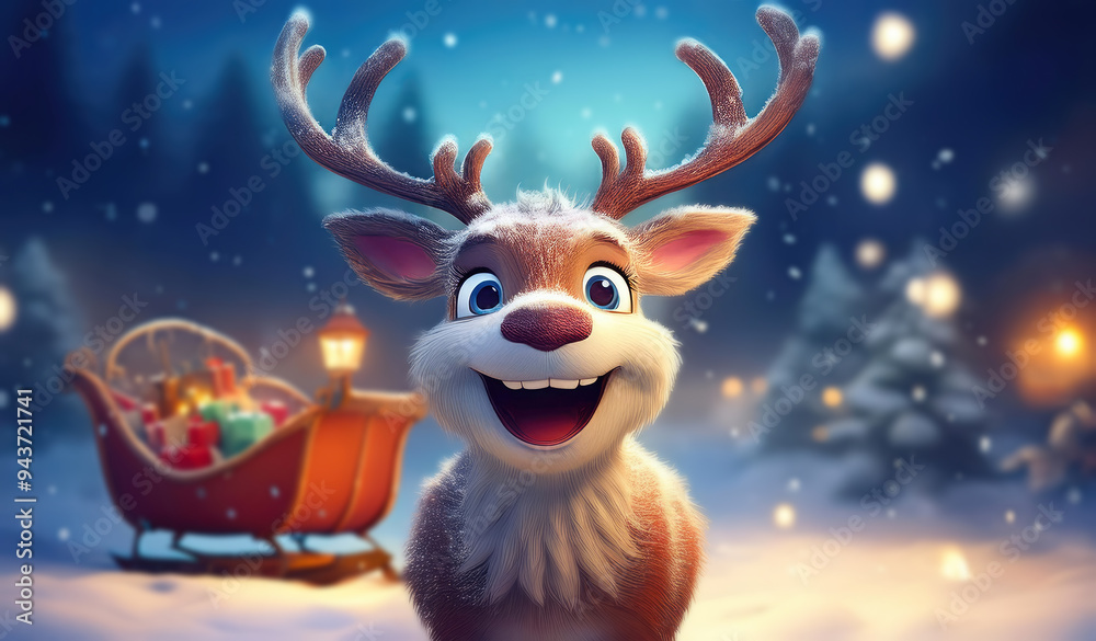 Happy reindeer cartoon character plays excited in the snow next to Santa Claus sledge. Christmas Eve night atmosphere of winter holidays Happy reindeer cartoon character plays excited in the snow next to Santa Claus sledge. Christmas Eve night atmosphere of winter holidays
