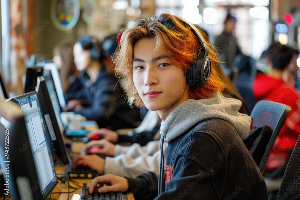 Young Adult Using Computer at Internet Cafe During Daytime Young Adult Using Computer at Internet Cafe During Daytime