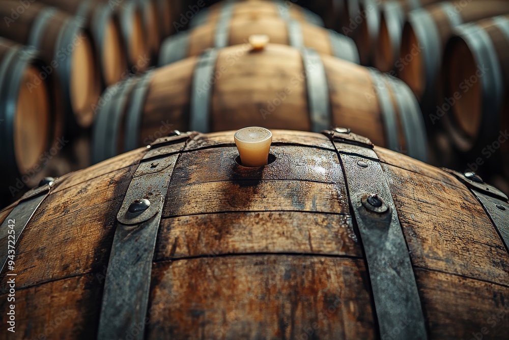 Captivating winery scene with rows of barrels and ample space for branding in a castle like setting Captivating winery scene with rows of barrels and ample space for branding in a castle like setting