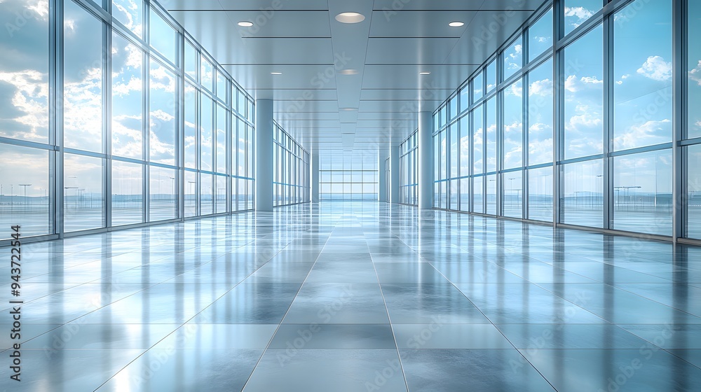 3D-rendered modern business hall with light reflections on the floor, designed as an office or airport backdrop. 3D-rendered modern business hall with light reflections on the floor, designed as an office or airport backdrop.