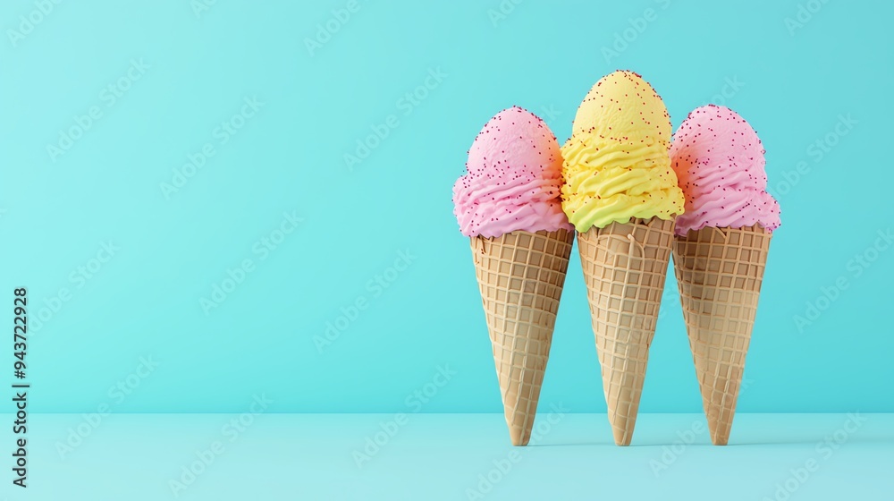 Ice cream cone, multiple scoops, vibrant colors, 3D illustration Ice cream cone, multiple scoops, vibrant colors, 3D illustration